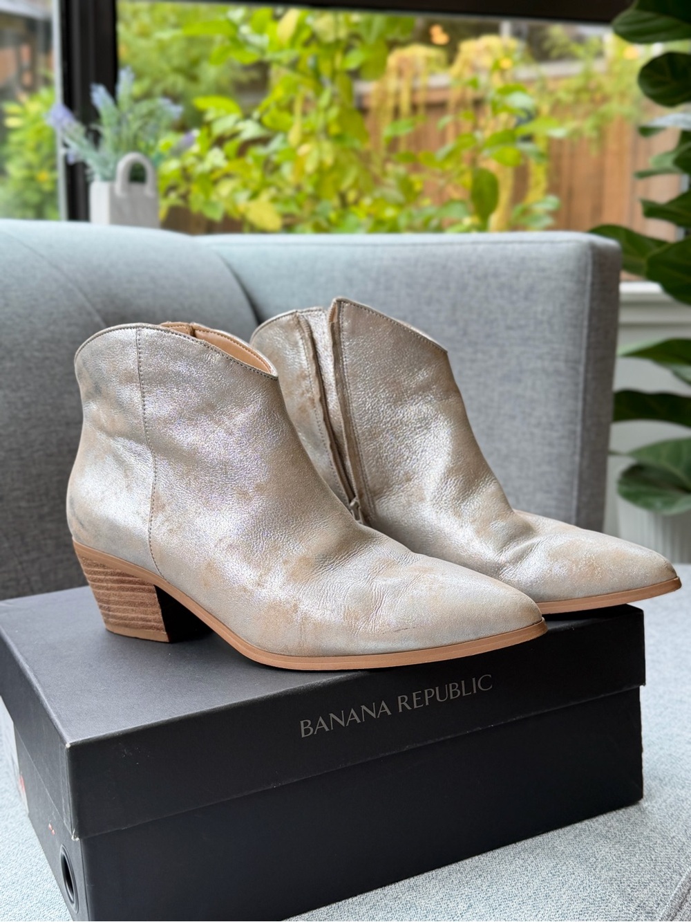 Banana Republic Shimmering Silver Leather Ankle Booties